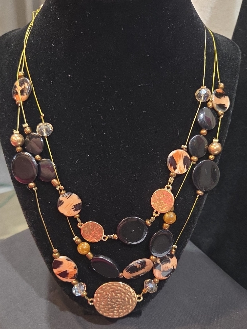 Multi-Strand Black and Animal Print Statement Necklace